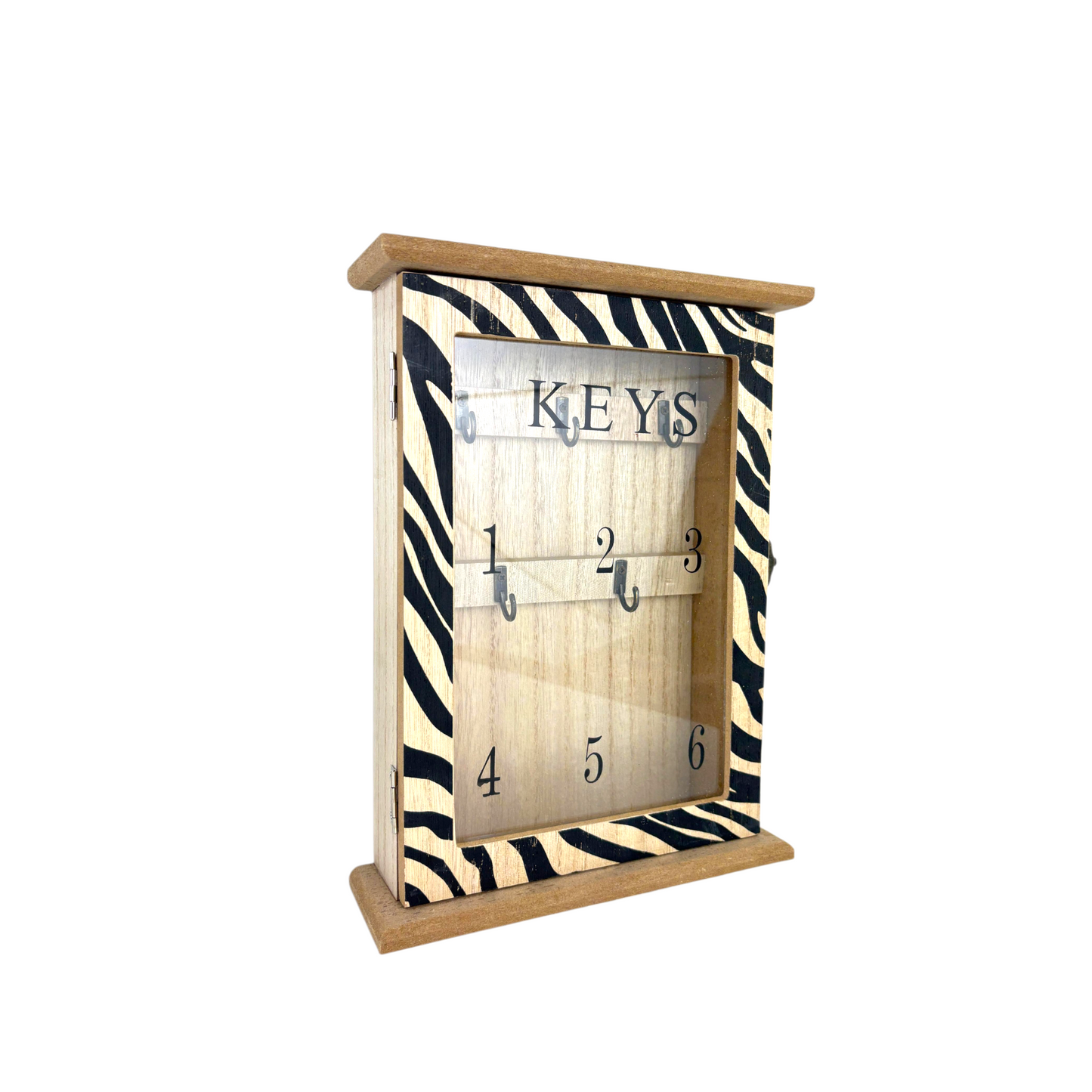 Zebra Print Wooden Key Cabinet – Wall-Mount Key Holder Box with Glass Door & Numbered Metal Hooks