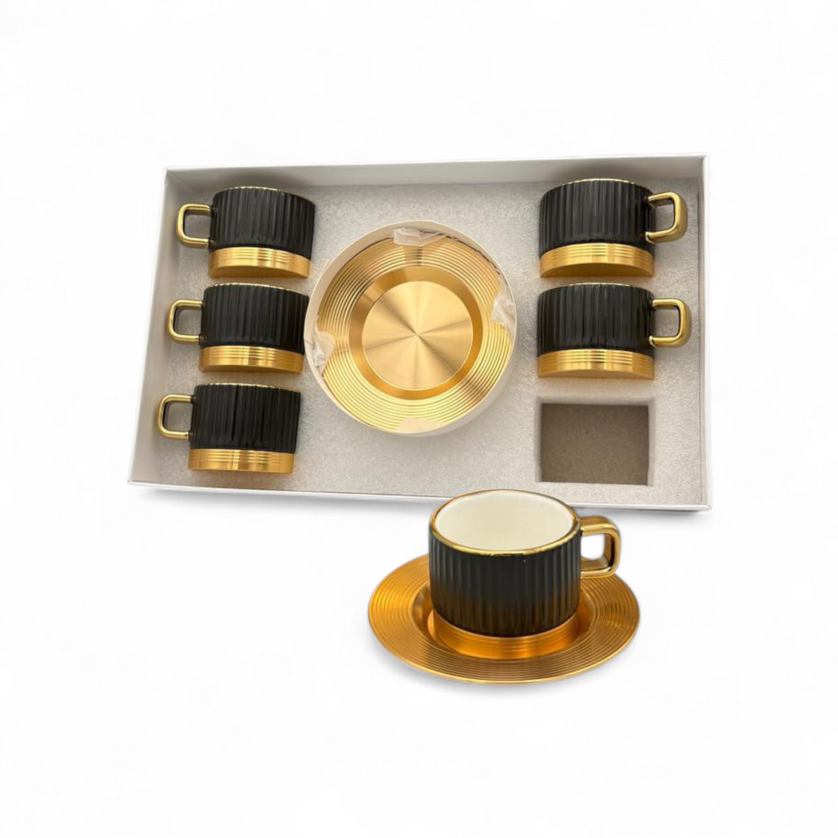 Black Ribbed Coffee Cup Set with Gold Base – Modern Luxury Cups