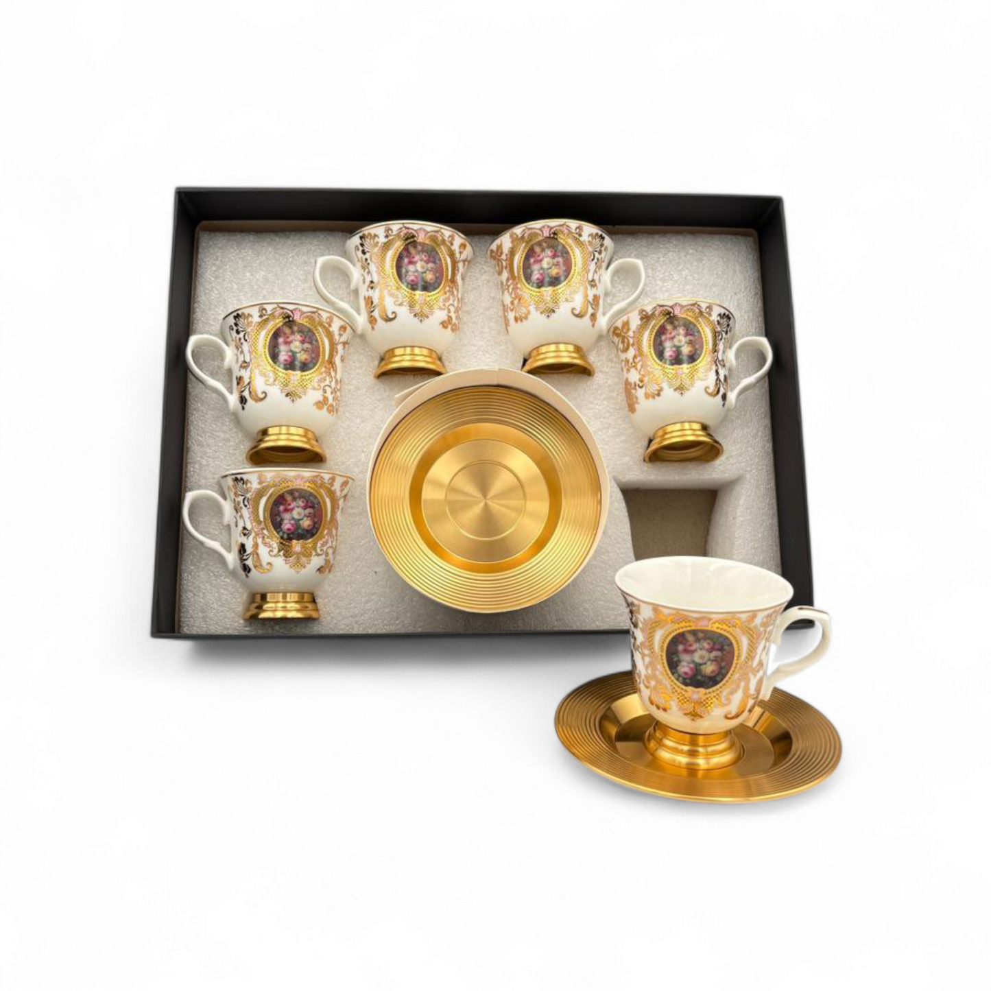 Luxury Porcelain Coffee Cup Set with Gold Saucer – Floral Classic Design