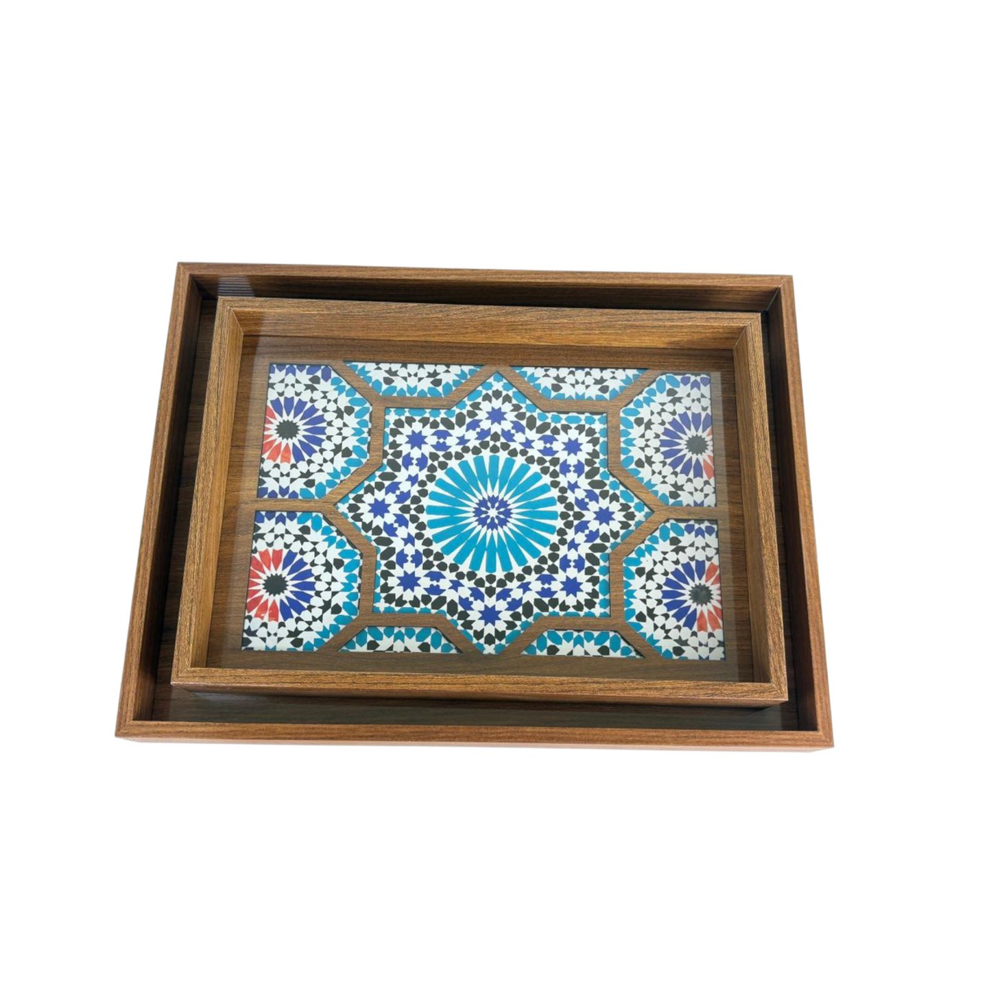Moroccan Mosaic Wooden Decorative Tray Set – Blue Geometric Tile Pattern (Set of 2)