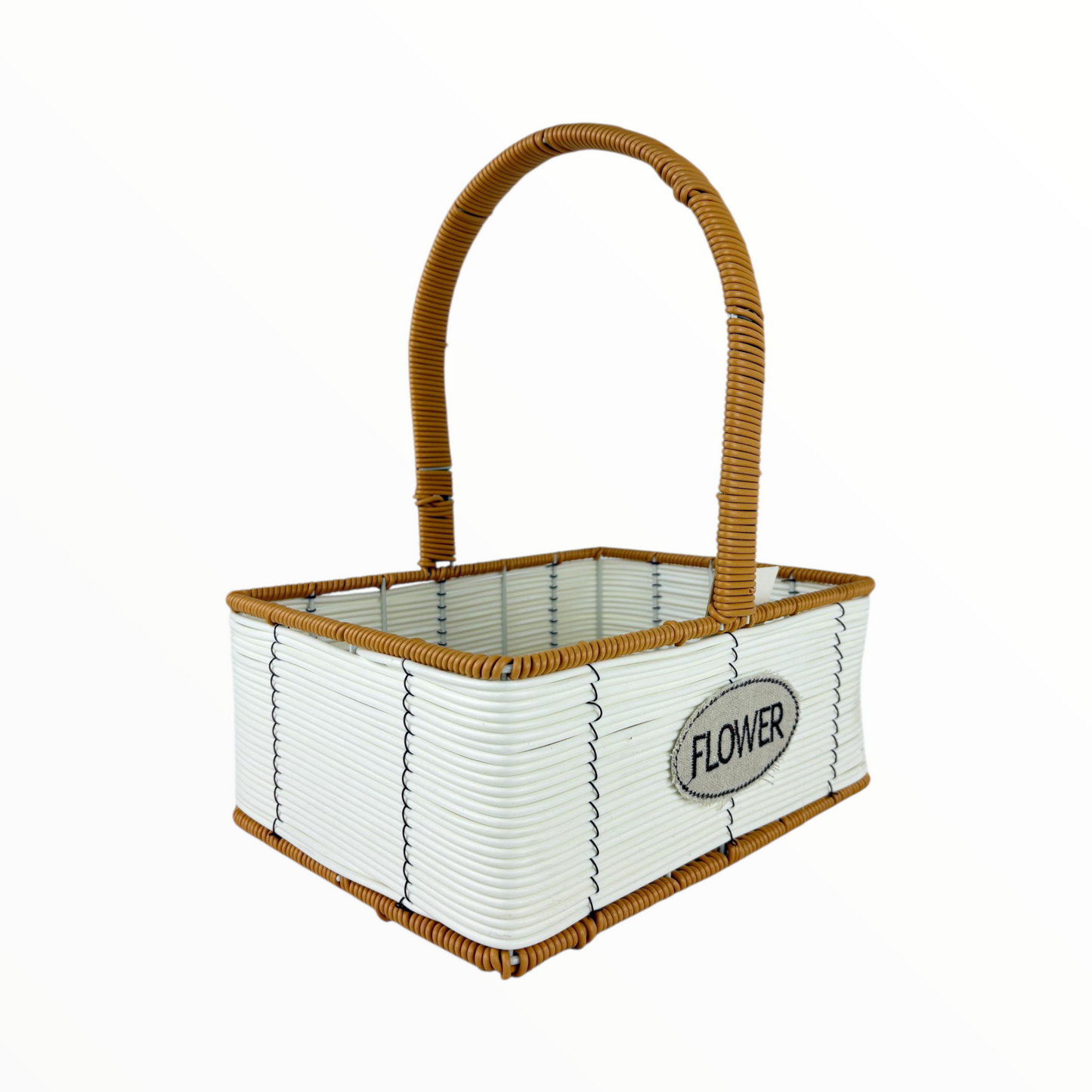 Big Rectangular Flower Basket with Handle – White & Brown Woven Decorative Organizer
