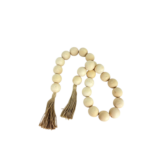 Natural Wooden Bead Garland with Tassel – Boho Home Décor Accent