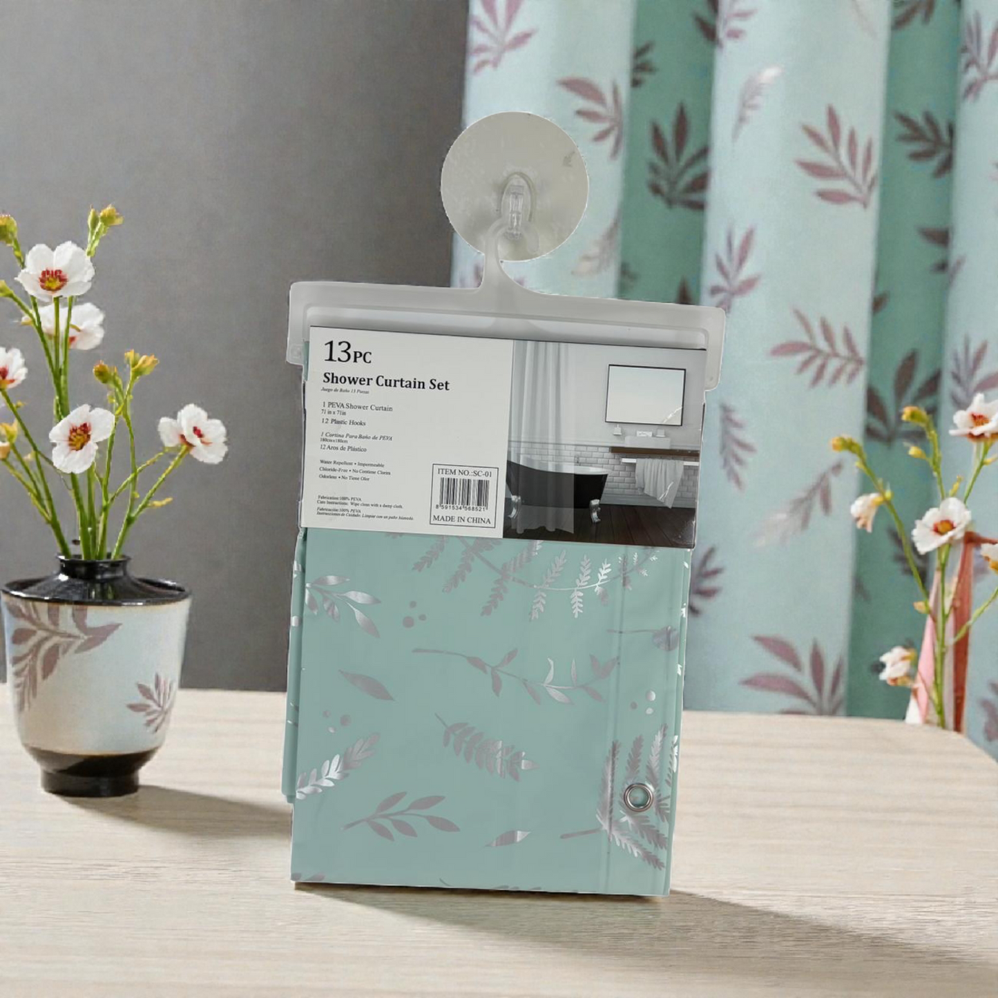 Mint Leaf Shower Curtain Set – Waterproof Curtain with 12 Hooks – Botanical Design