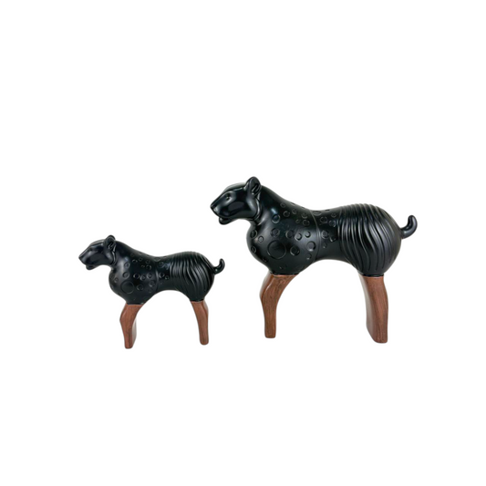 Black Abstract Animal Figurine Set – Modern Resin Décor with Wooden Legs (2 Pieces)