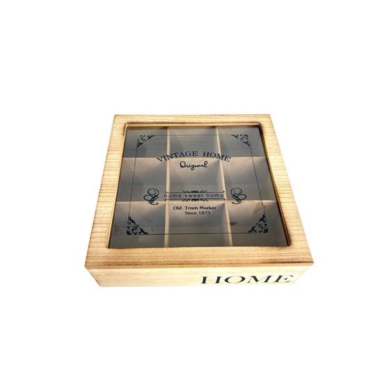 Wooden Tea Box Organizer with Glass Lid – 9-Compartment Tea Storage | “HOME” Design