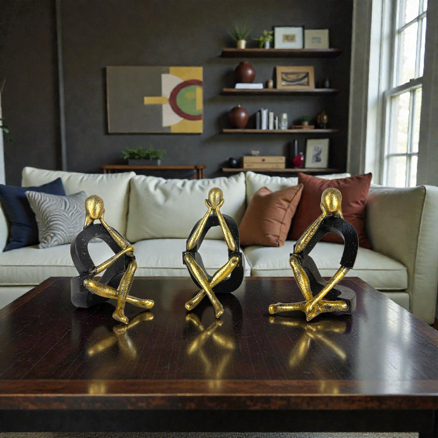 Abstract Thinker Figurine Set – Modern Gold & Black Resin Sculptures for Home & Office Décor (Set of 3)