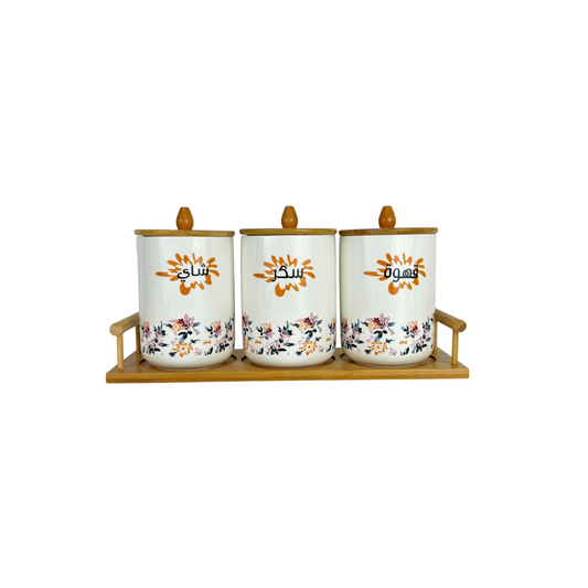 Ceramic Coffee, Tea & Sugar Canister Set with Bamboo Stand