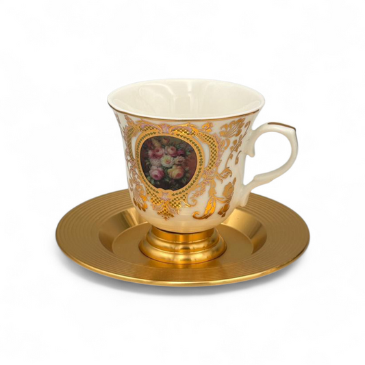 Luxury Porcelain Coffee Cup Set with Gold Saucer – Floral Classic Design