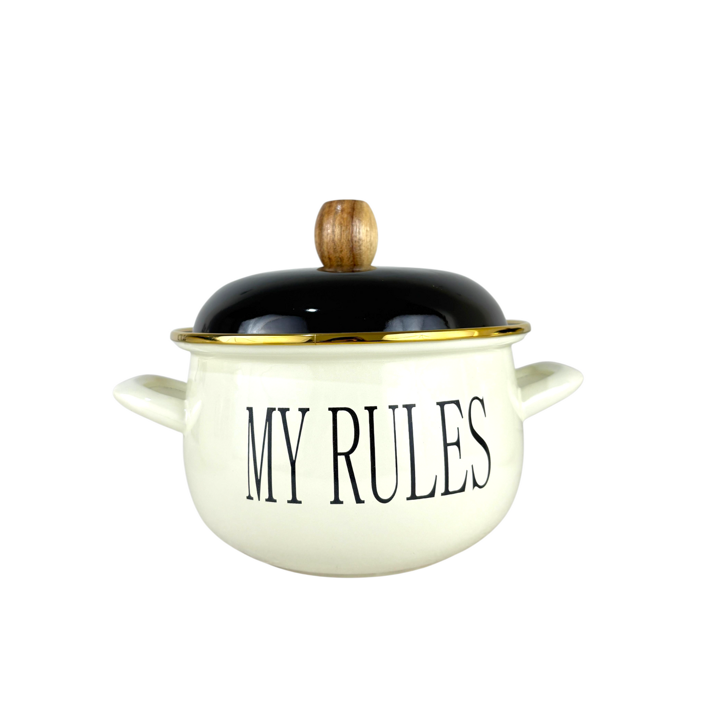 Good food  Enamel Cooking Pot – Cream Soup Pot with Black Lid & Wooden Knob