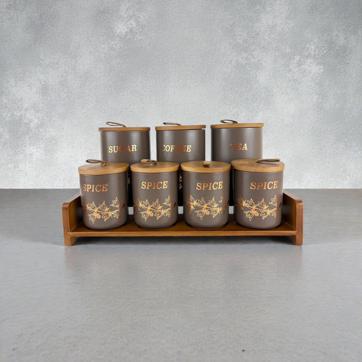 Luxury Ceramic Kitchen Canister Set with Wooden Tray – Sugar, Coffee, Tea & Spice Storage Jars (7-Piece Set)