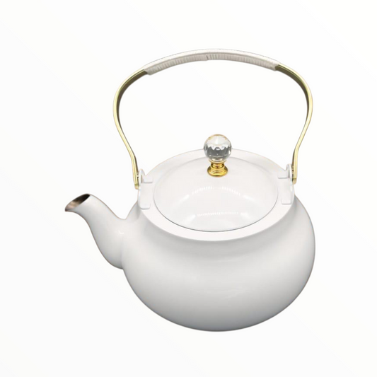 White Ceramic Teapot with Gold Handle – Elegant Tea Serving Pot 2litre