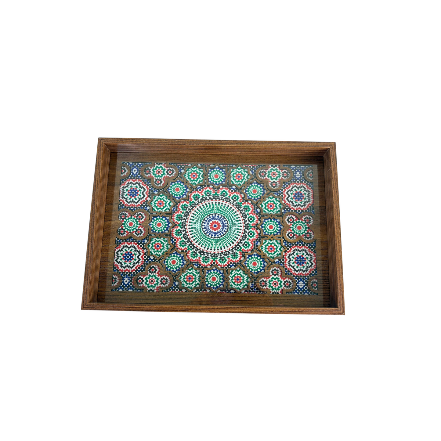 Moroccan Mosaic Wooden Decorative Tray Set – Blue green Geometric Tile Pattern (Set of 2)