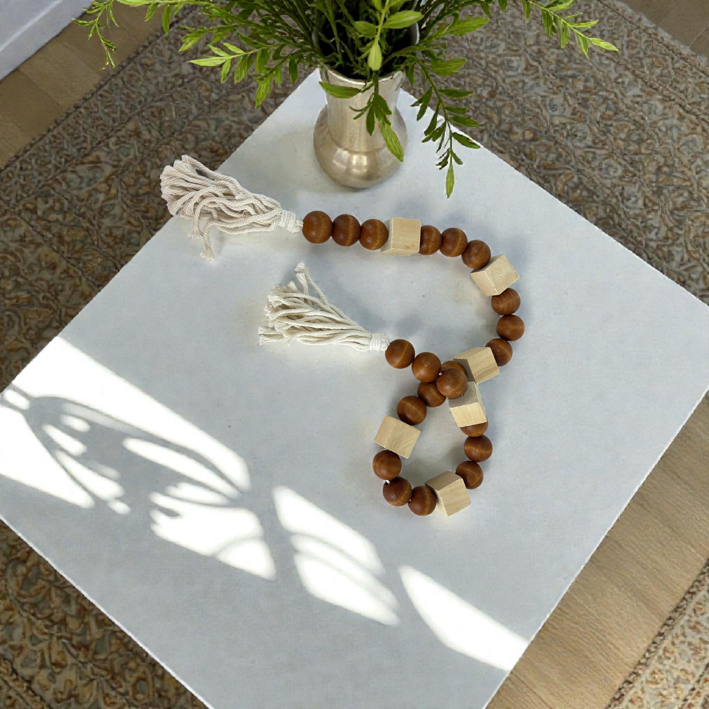 Natural Wooden Bead Garland with Tassel – Boho Home Décor Accent