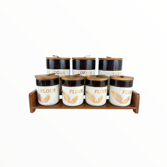 Luxury Ceramic Kitchen Canister Set with Wooden Tray – Sugar, Coffee, Tea & Spice Storage Jars (7-Piece Set)