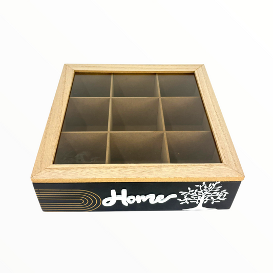 Wooden Organizer Box with 9 Compartments – “Home” Design with Glass Lid & Tree Artwork