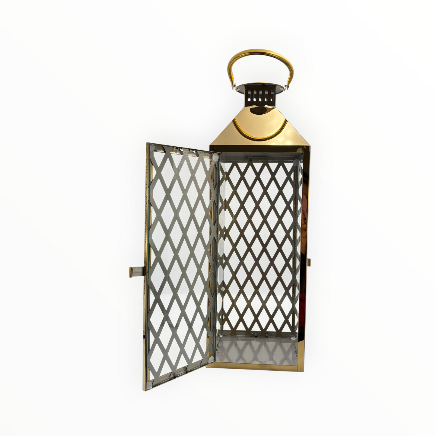 Gold Metal Decorative Lantern with Diamond Pattern – Indoor & Outdoor Candle Holder