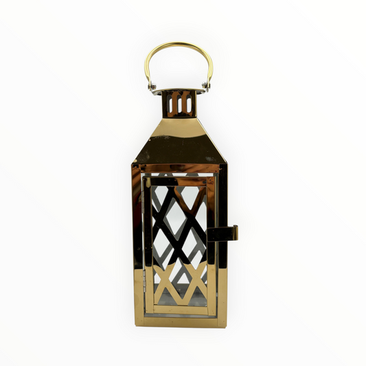 Gold Metal Decorative Lantern with Diamond Pattern – Indoor & Outdoor Candle Holder