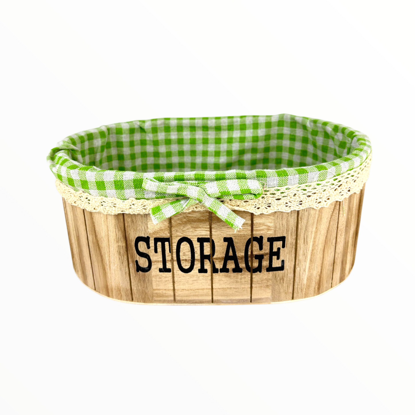Big Oval Wooden Storage Baskets with Green Gingham Lining – Decorative Organizer Set