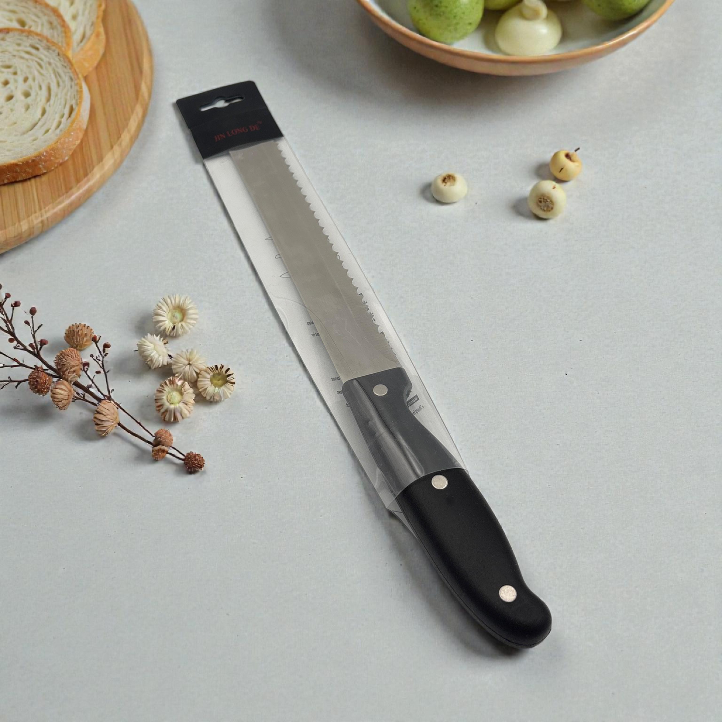 Serrated Bread Knife – Stainless Steel Kitchen Knife with Black Handle