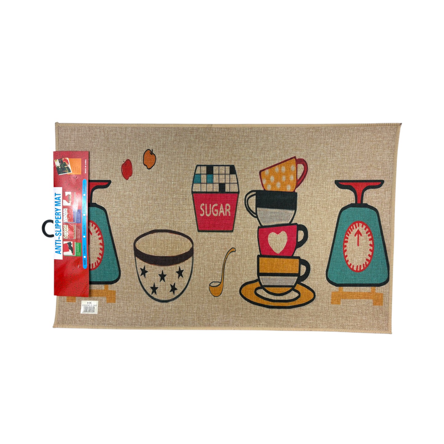 Kitchen Essentials Anti-Slip Floor Mat – Colorful Cups & Sugar Design