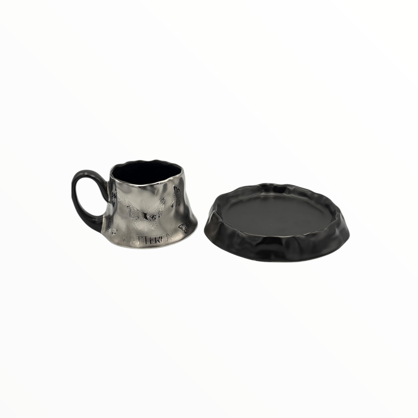 Butterfly Ceramic Cup and Saucer – Elegant Black & Silver Coffee Cup