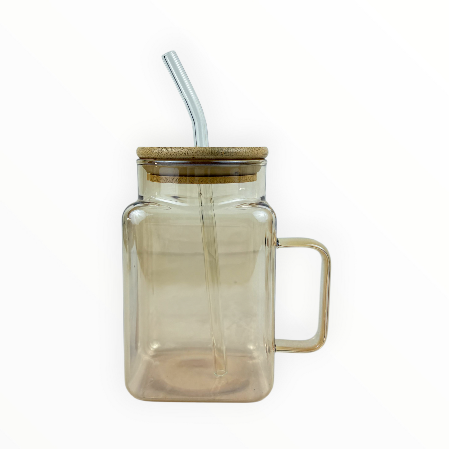 Amber Square Glass Mug with Bamboo Lid & Straw – Eco-Friendly Iced Coffee Glass