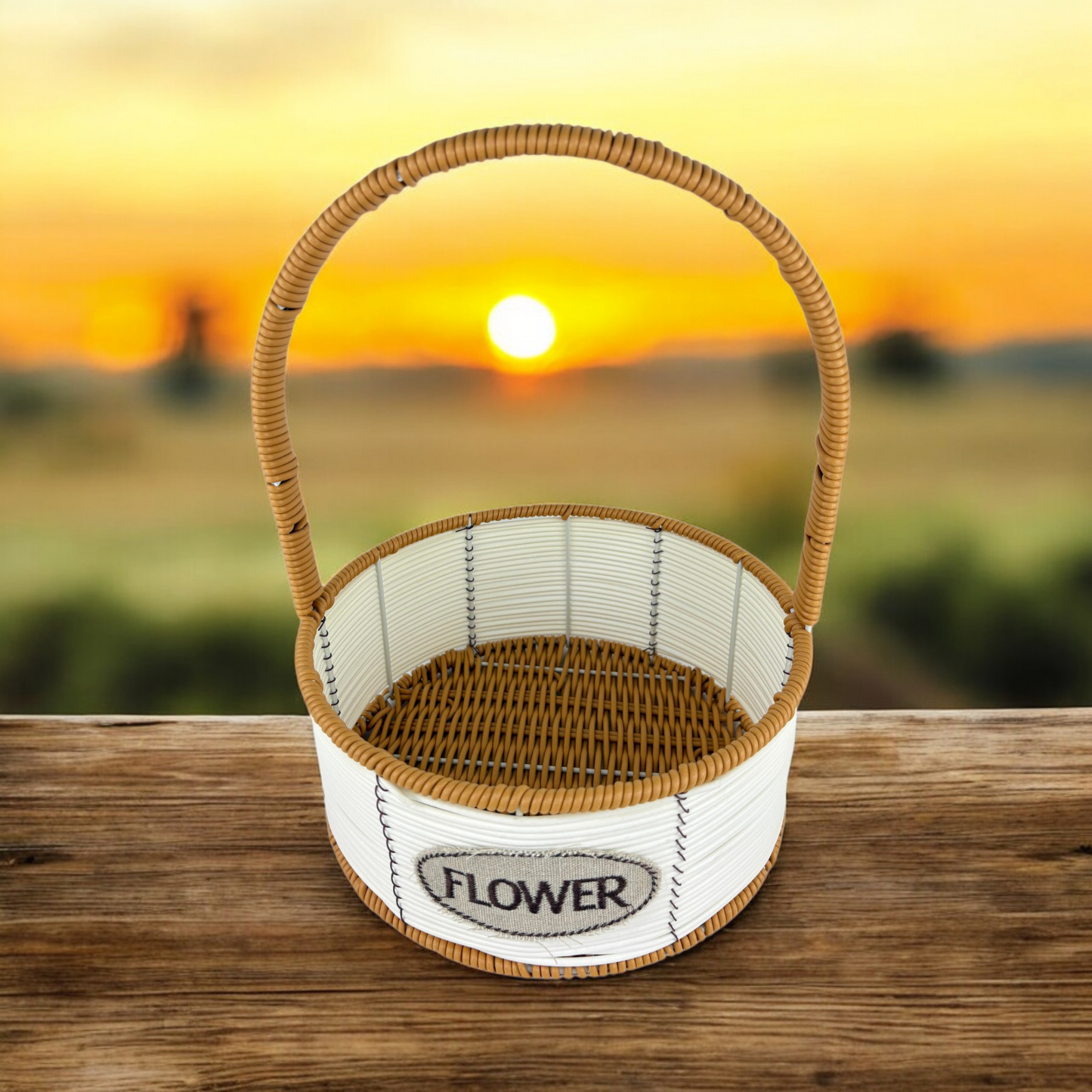 Medium Round Decorative Flower Basket with Handle – White & Brown Woven Storage Organizer