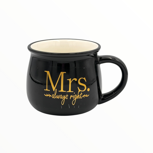 Mrs. Always Right Black Ceramic Mug – Stylish Coffee Cup with Gold Text
