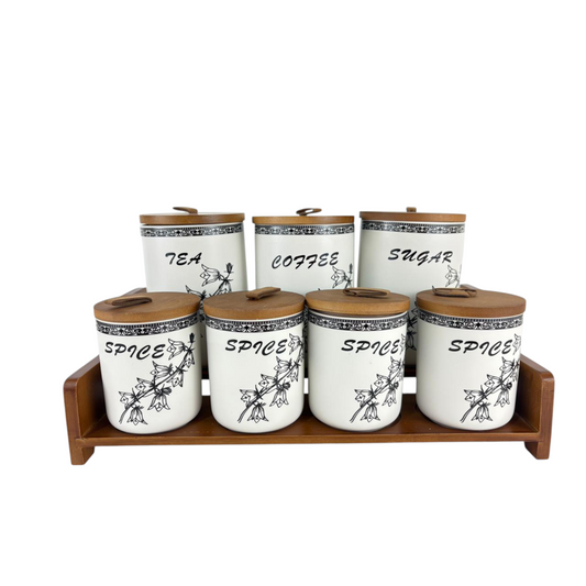 Luxury Ceramic Kitchen Canister Set with Wooden Tray – Sugar, Coffee, Tea & Spice Storage Jars (7-Piece Set)