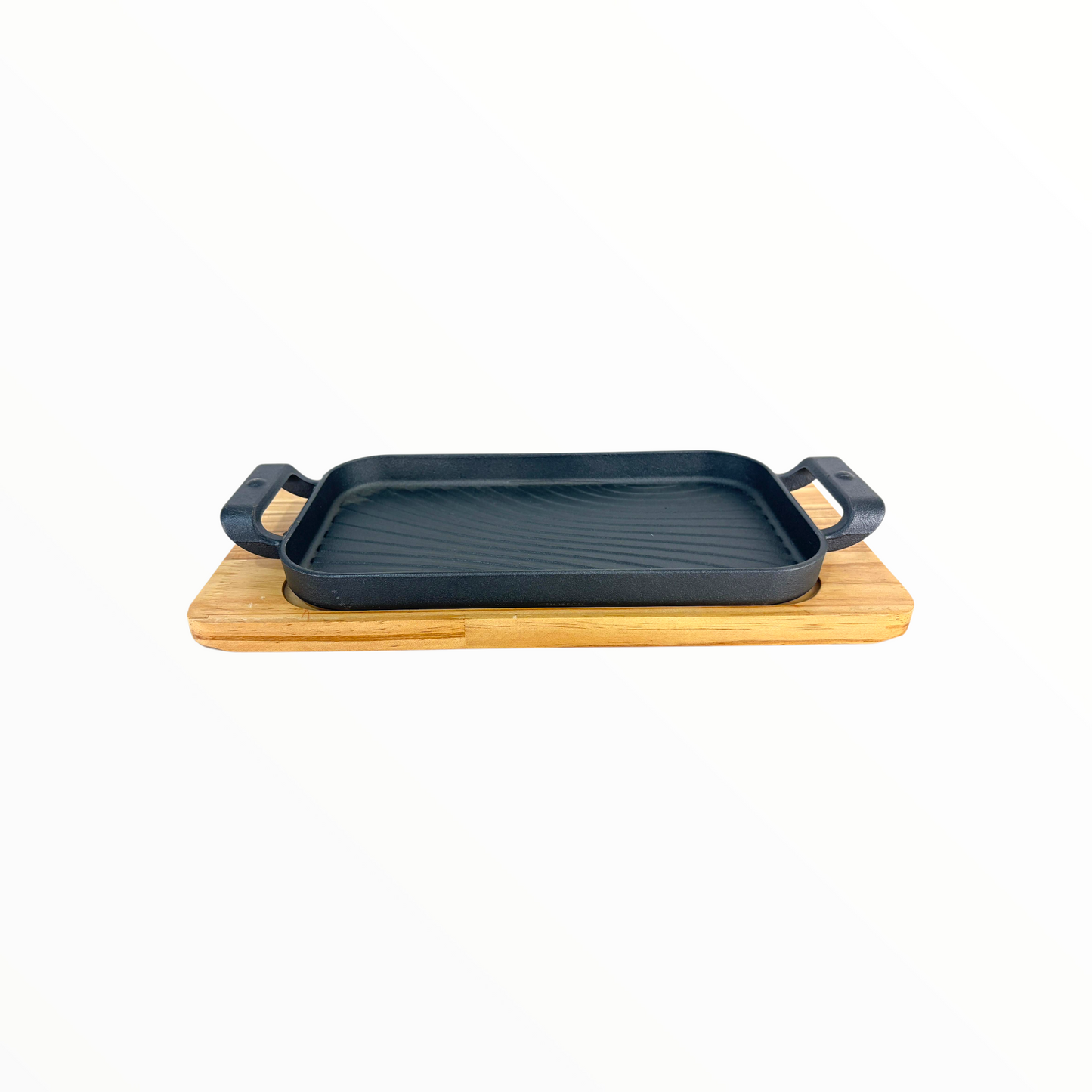 Rectangular Cast Iron Grill Pan with Wooden Serving Board – Pre-Seasoned Sizzling Tray