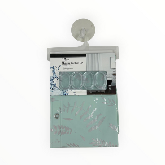 Mint Leaf Shower Curtain Set – Waterproof Curtain with 12 Hooks – Botanical Design