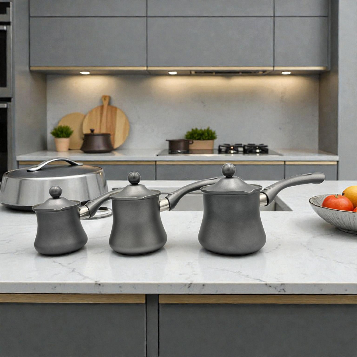 Granite Grey Turkish Coffee Pot Set  – 3 Sizes, Matte Finish