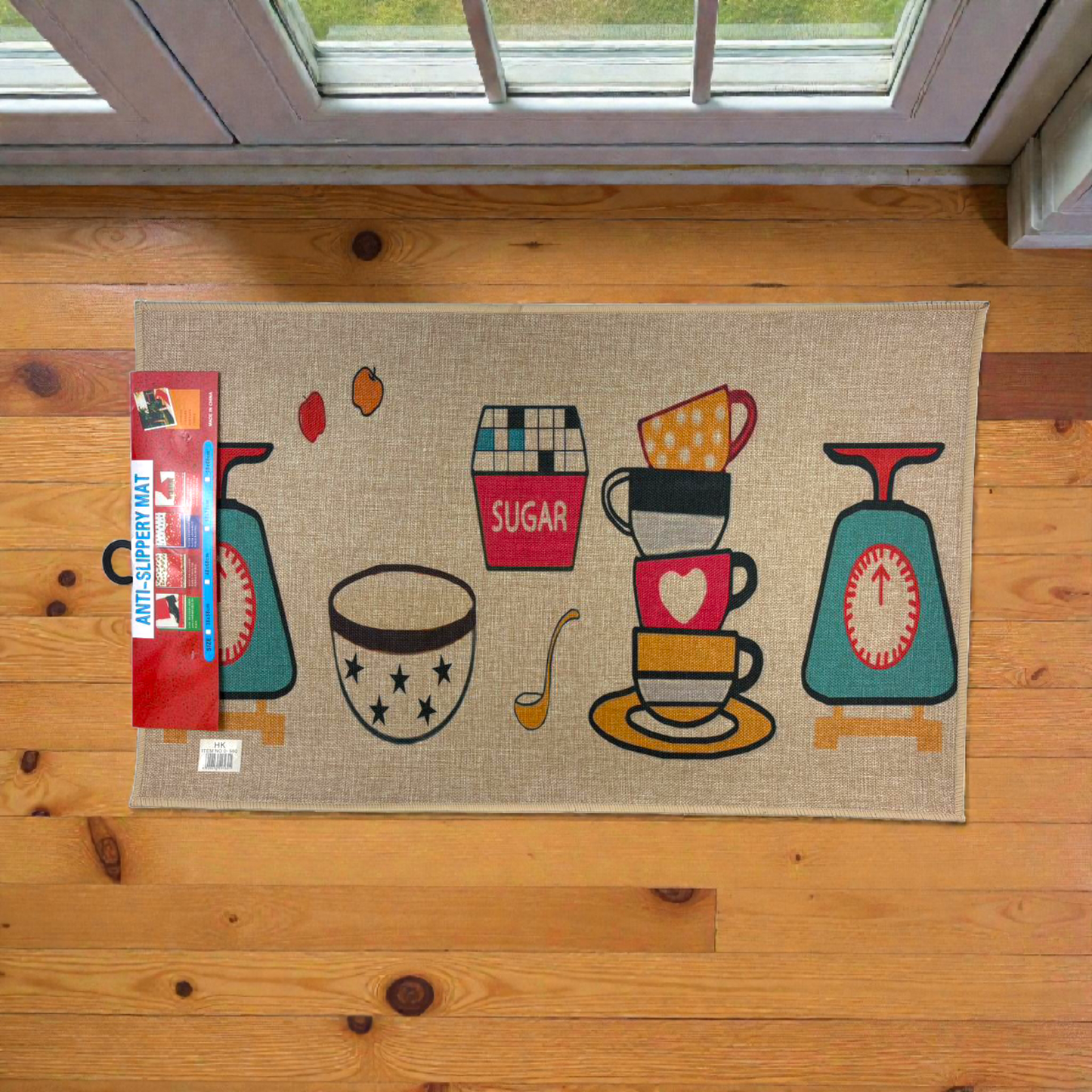 Kitchen Essentials Anti-Slip Floor Mat – Colorful Cups & Sugar Design