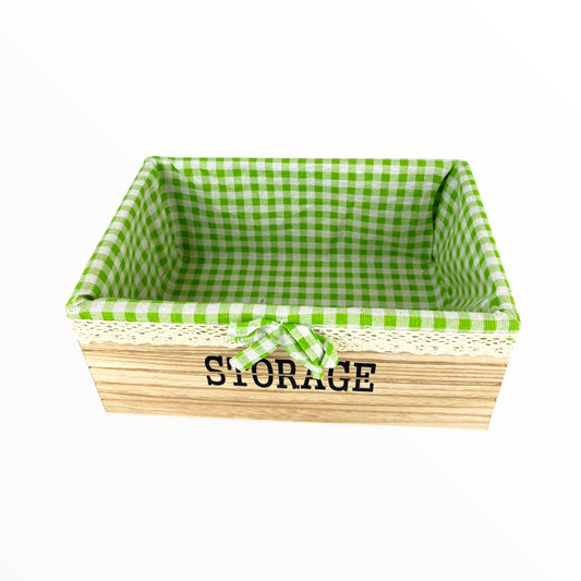 Wooden Storage Basket with Green Gingham Fabric – Decorative Organizer Box