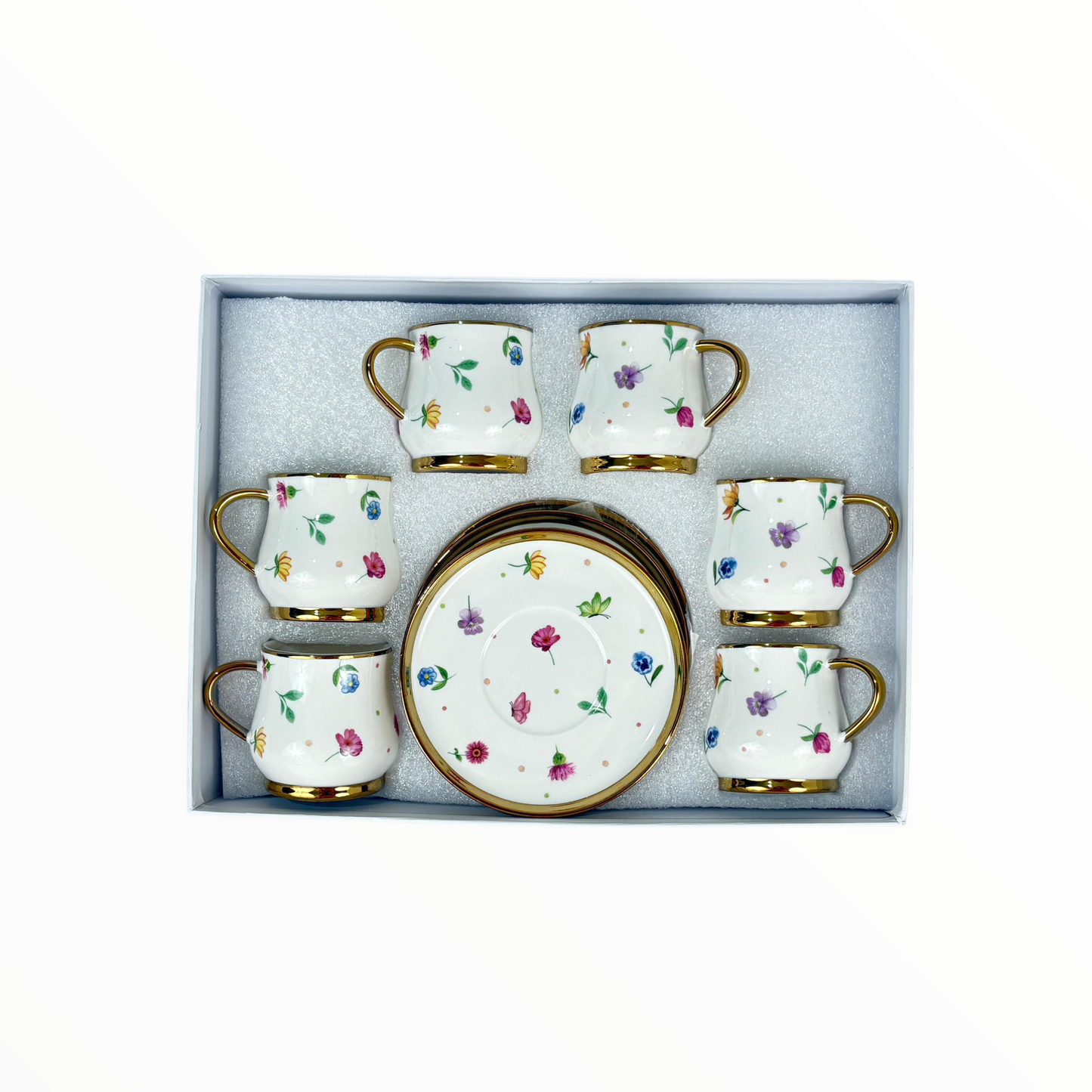 Elegant Floral Coffee Cup & Saucer Set – 12 Porcelain Cups with Gold Handles