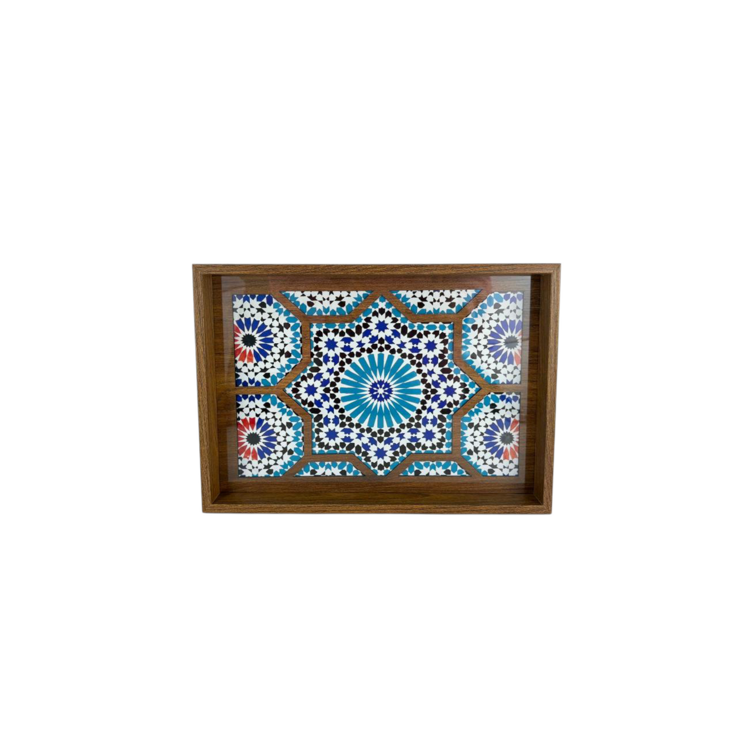 Moroccan Mosaic Wooden Decorative Tray Set – Blue Geometric Tile Pattern (Set of 2)