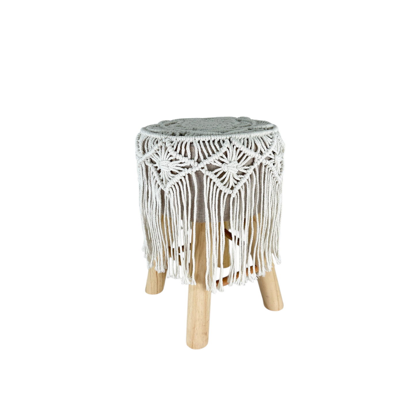 Boho Handmade Macramé Stool with Wooden Legs – Natural Woven Accent Seat