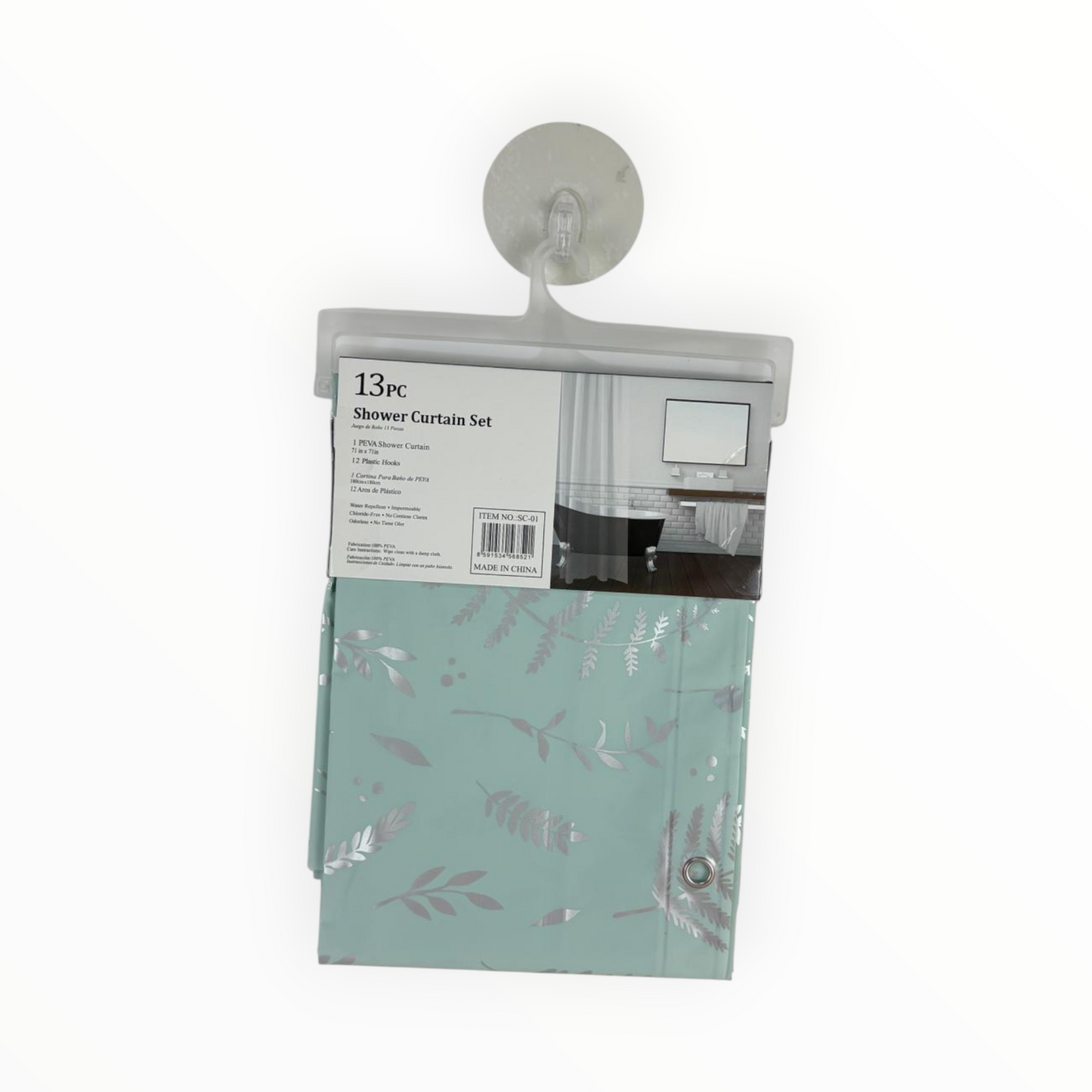 Mint Leaf Shower Curtain Set – Waterproof Curtain with 12 Hooks – Botanical Design