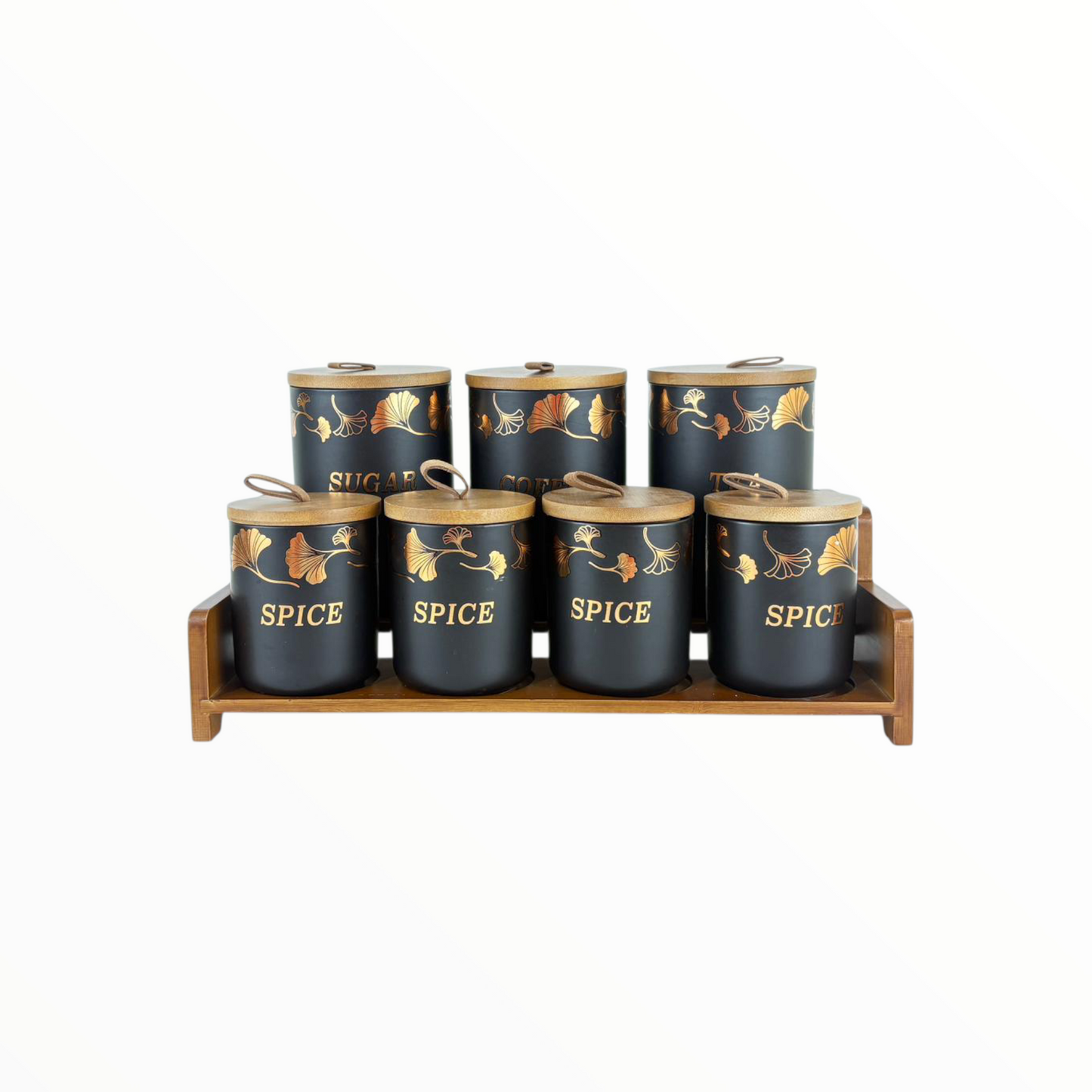 Luxury Ceramic Kitchen Canister Set with Wooden Tray – Sugar, Coffee, Tea & Spice Storage Jars (7-Piece Set)