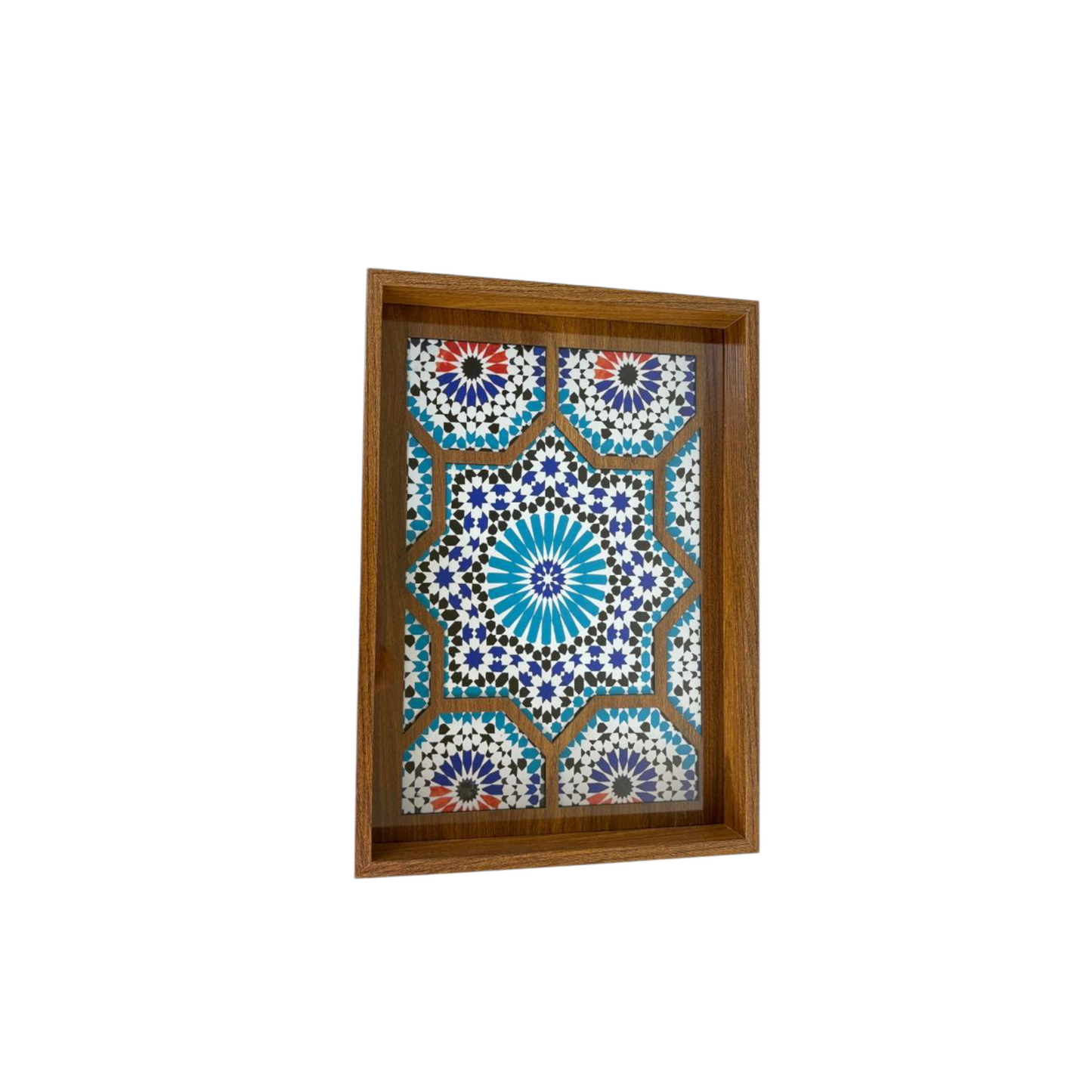 Moroccan Mosaic Wooden Decorative Tray Set – Blue Geometric Tile Pattern (Set of 2)