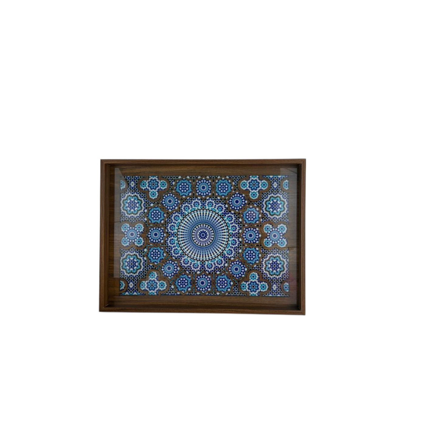 Moroccan Mosaic Wooden Decorative Tray Set – Blue Geometric Tile Pattern (Set of 2)