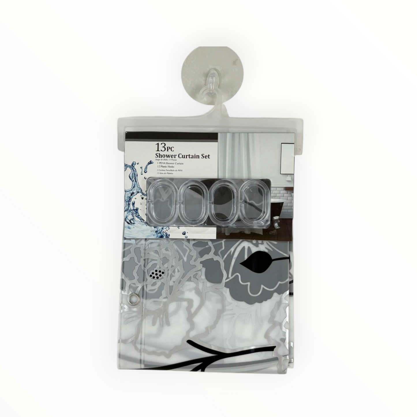 Floral Shower Curtain  – Waterproof Bathroom Curtain with 12 Hooks – Grey & Black Flowers