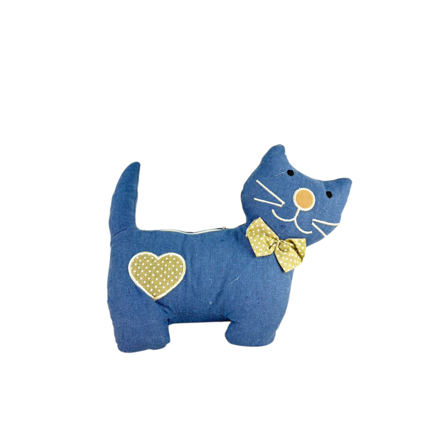 Cute Fabric Cat Plush Decor with Heart Patch & Bow – Handmade-Style Home Decoration 740g