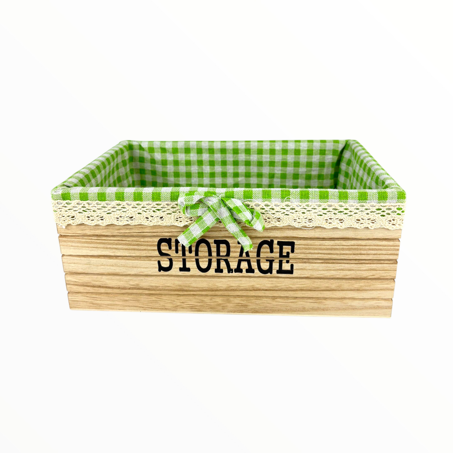 Wooden Storage Basket with Green Gingham Fabric – Decorative Organizer Box