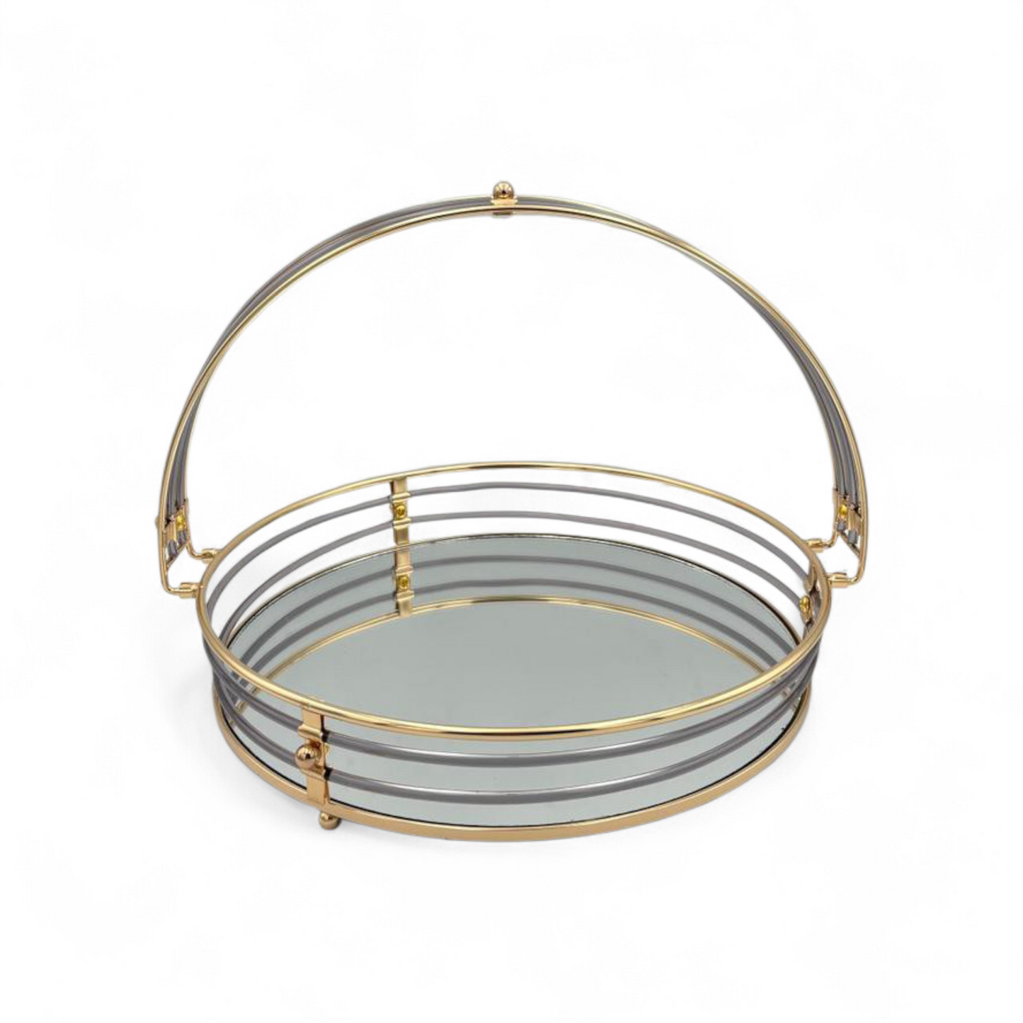 Gold Metal Serving Tray with Handle – Mirrored Decorative Round Tray