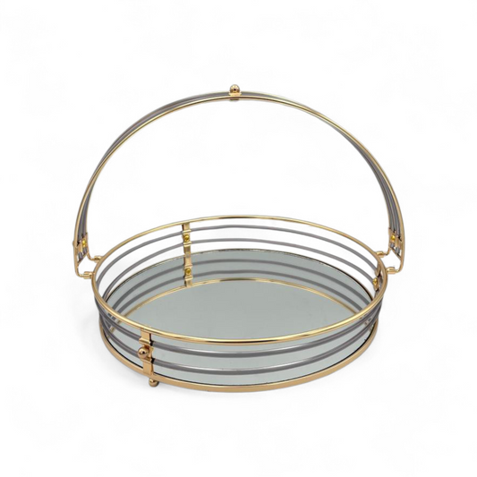 Gold Metal Serving Tray with Handle – Mirrored Decorative Round Tray