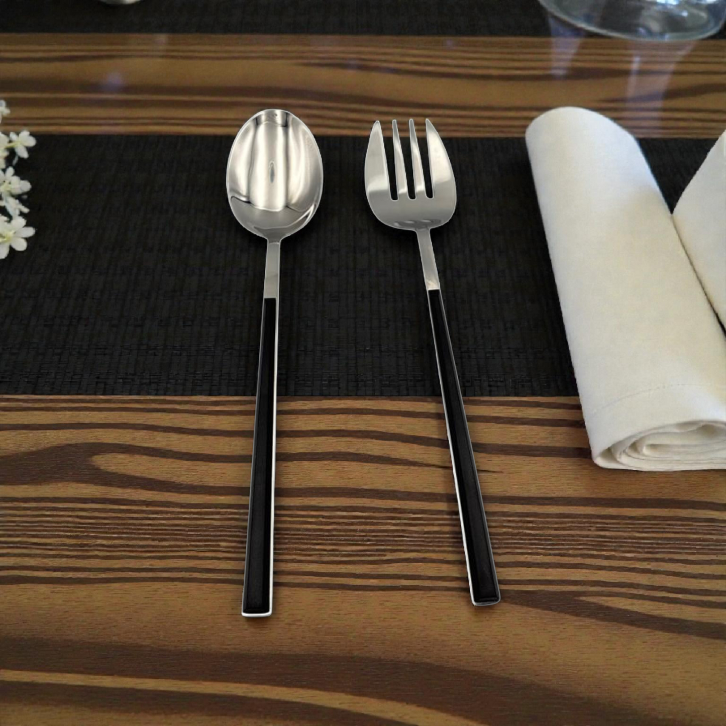 Stainless Steel Serving Spoon and Fork Set – Black Handle Kitchen Utensils