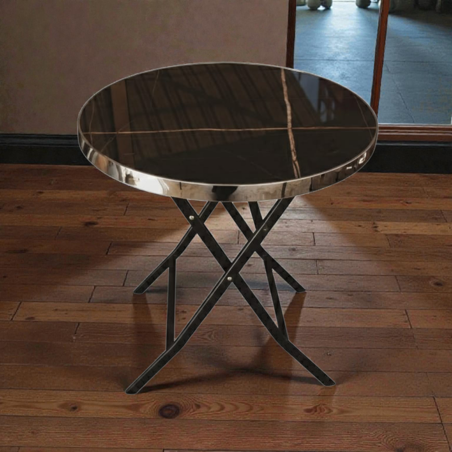 Round Marble Side Table 80cm – Black Marble Top with Metal Base
