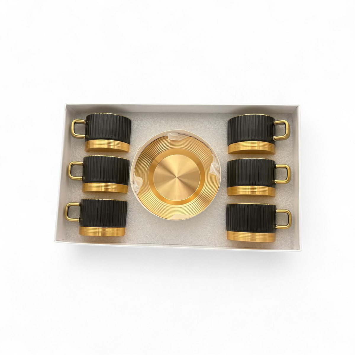 Black Ribbed Coffee Cup Set with Gold Base – Modern Luxury Cups