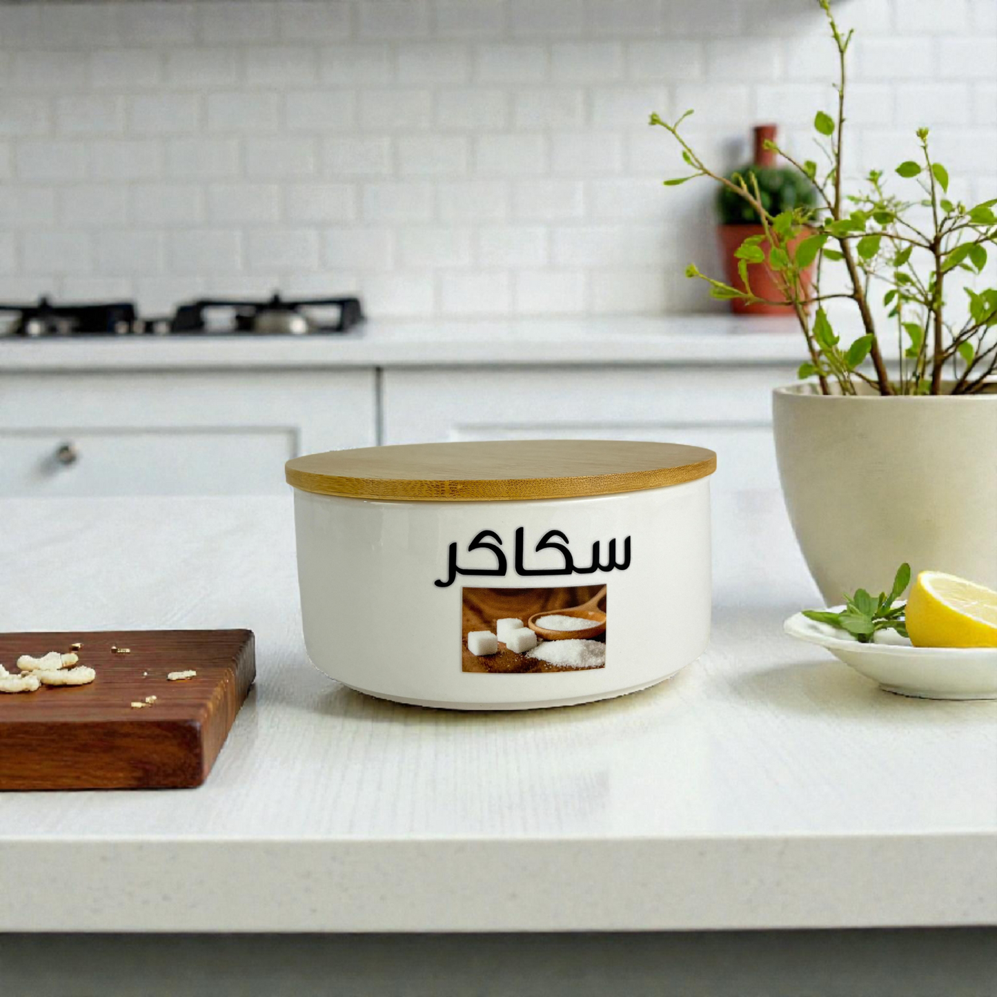 Arabic Labeled Ceramic Storage Jar with Bamboo Lid – Sugar, Sweets & Cheese Kitchen Container